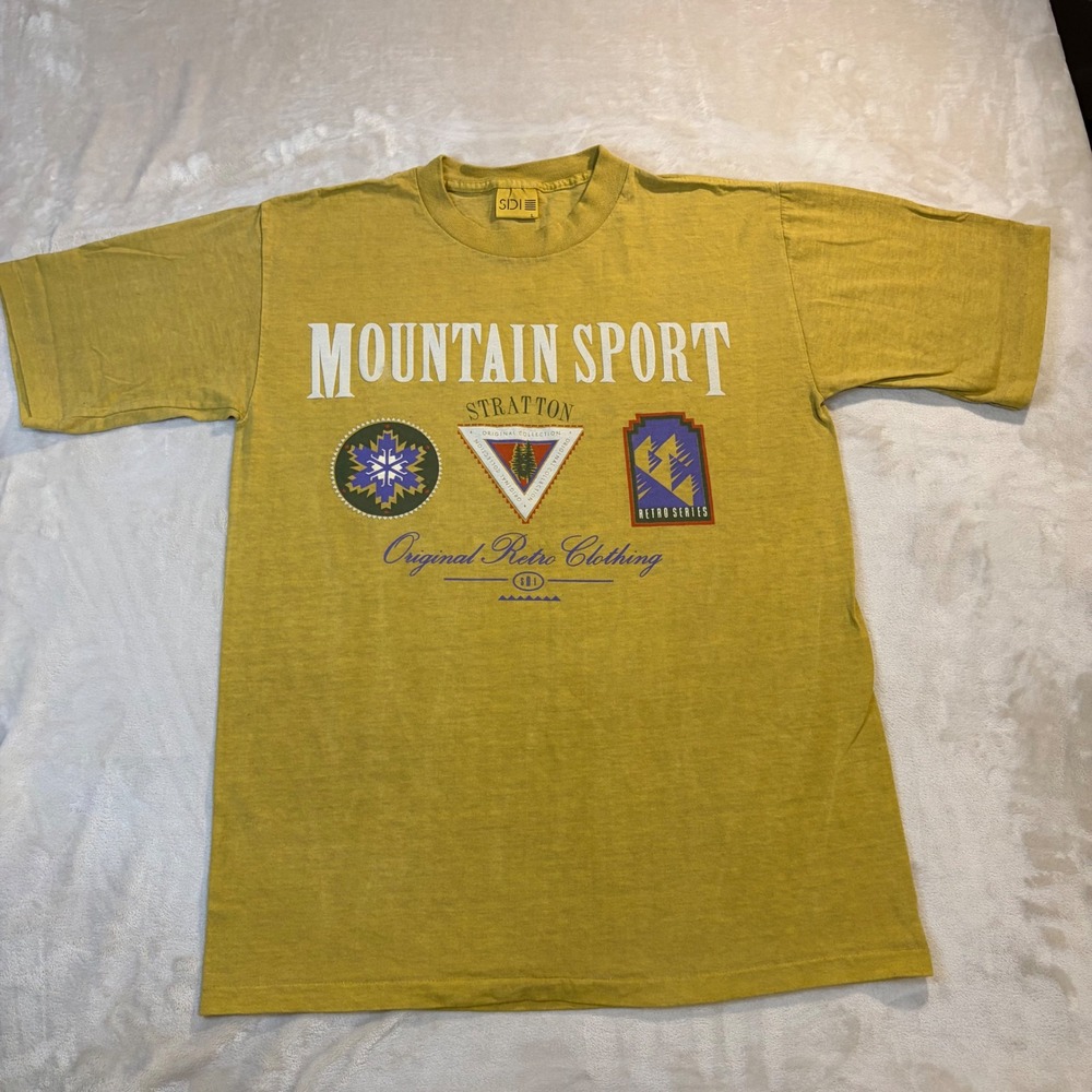 Vintage SDI Mountain Sport Stratton T Shirt Large Yellow Made in USA Retro 90s
